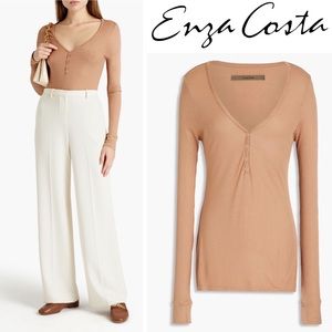 ENZA COSTA Ribbed Jersey Long Sleeve Top In Camel S V-Neck Henley Silk Blend